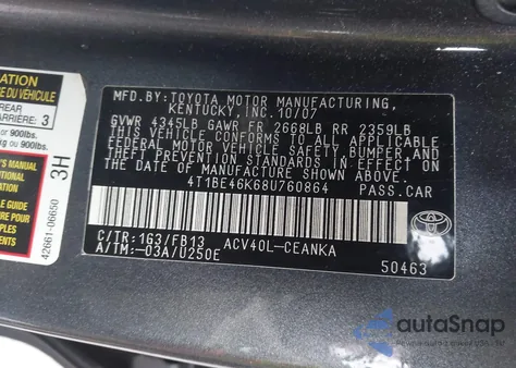 2008 Toyota Camry Le z USA, uszkodzony, nr VIN 4T1BE46K68U760864